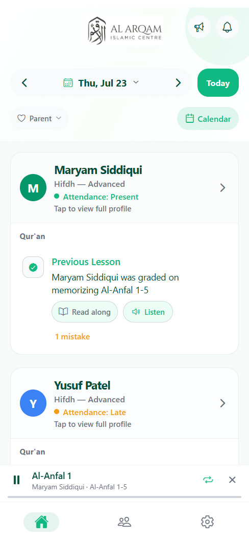 The parent home screen, showing today's lesson and grade